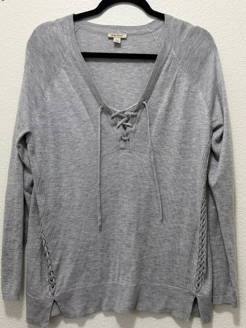 Lucky Brand gray pullover lightweight sweater, v-neck with lace up, large